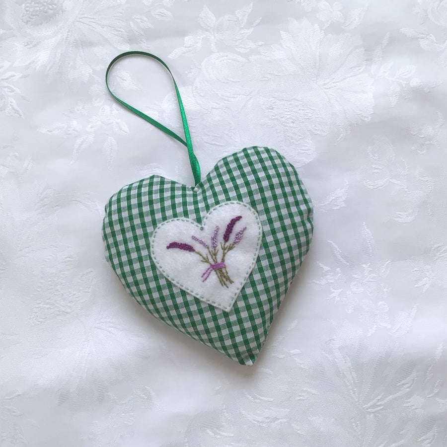 Green, gingham, hanging decoration, fabric heart, embroidered, lavender, gift