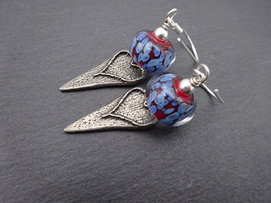 red lampwork glass pewter heart earrings
