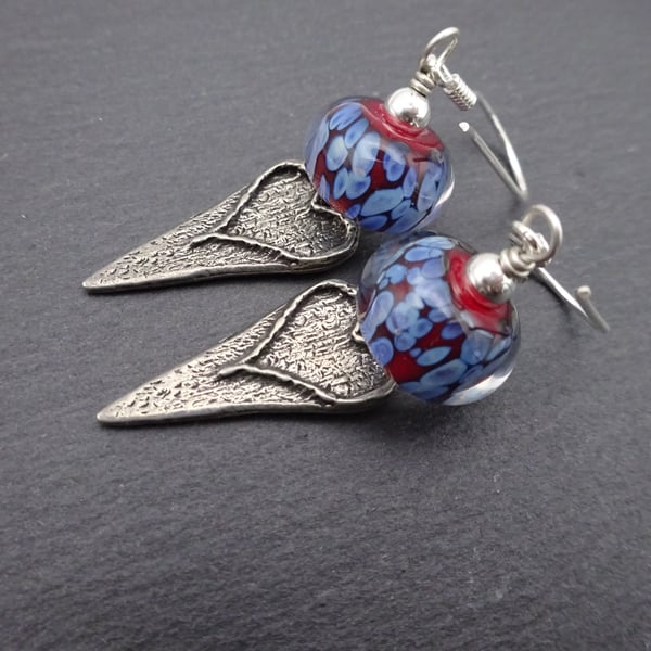 red lampwork glass pewter heart earrings
