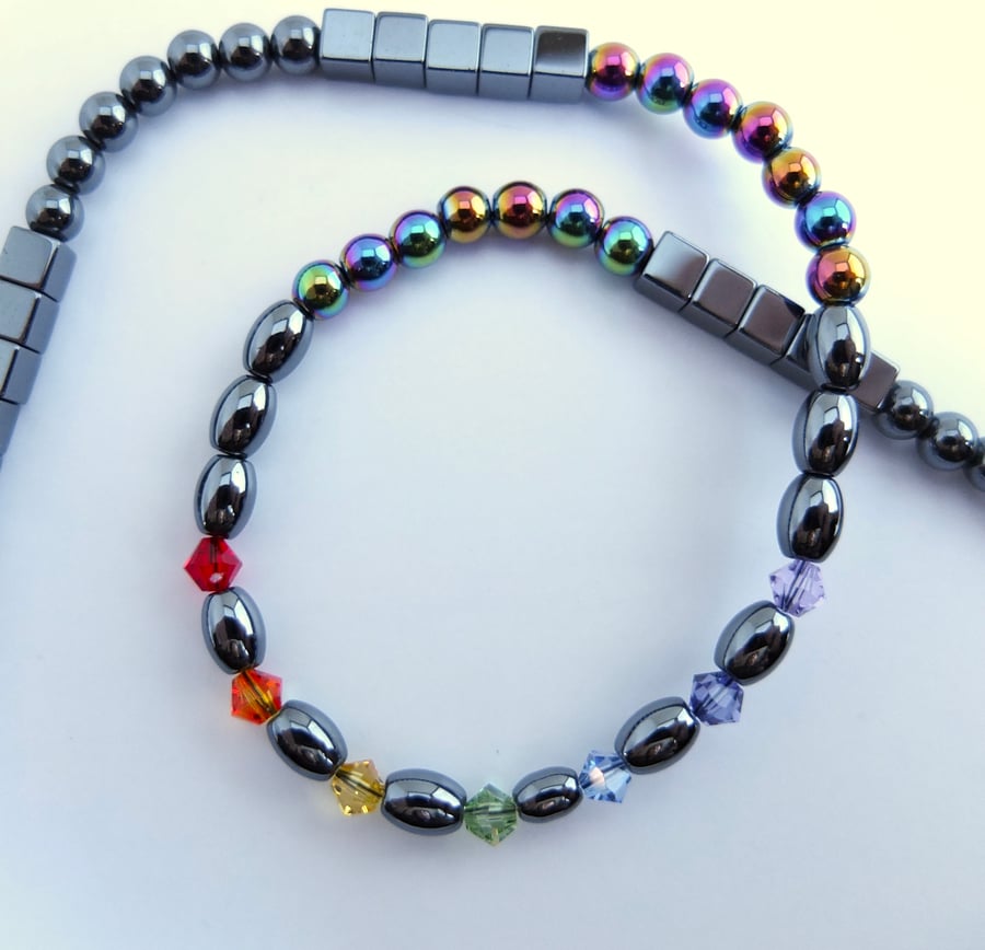 Hematite and Rainbow Coloured Swarovski Crystal Necklace - Handmade In Devon.