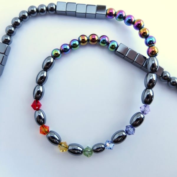 Hematite and Rainbow Coloured Swarovski Crystal Necklace - Handmade In Devon.