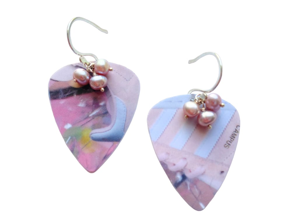 Recycled Plastic Guitar Pick Earrings with Pink Pearls