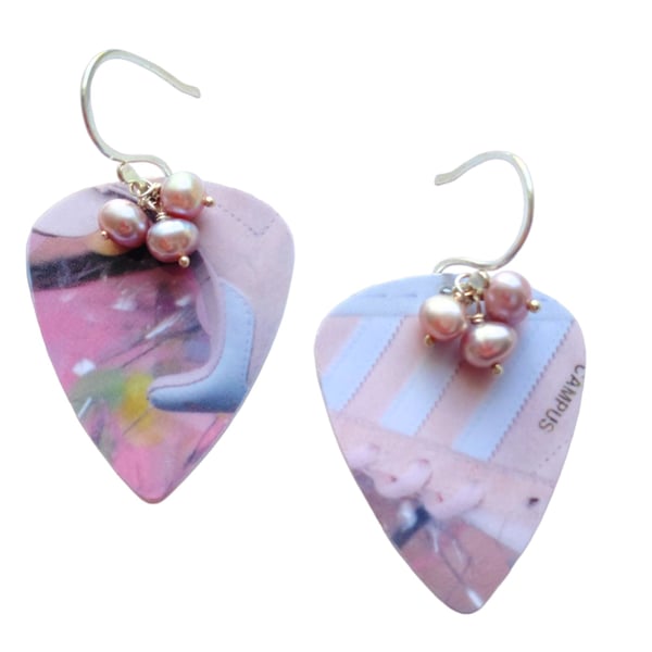 Recycled Plastic Guitar Pick Earrings with Pink Pearls