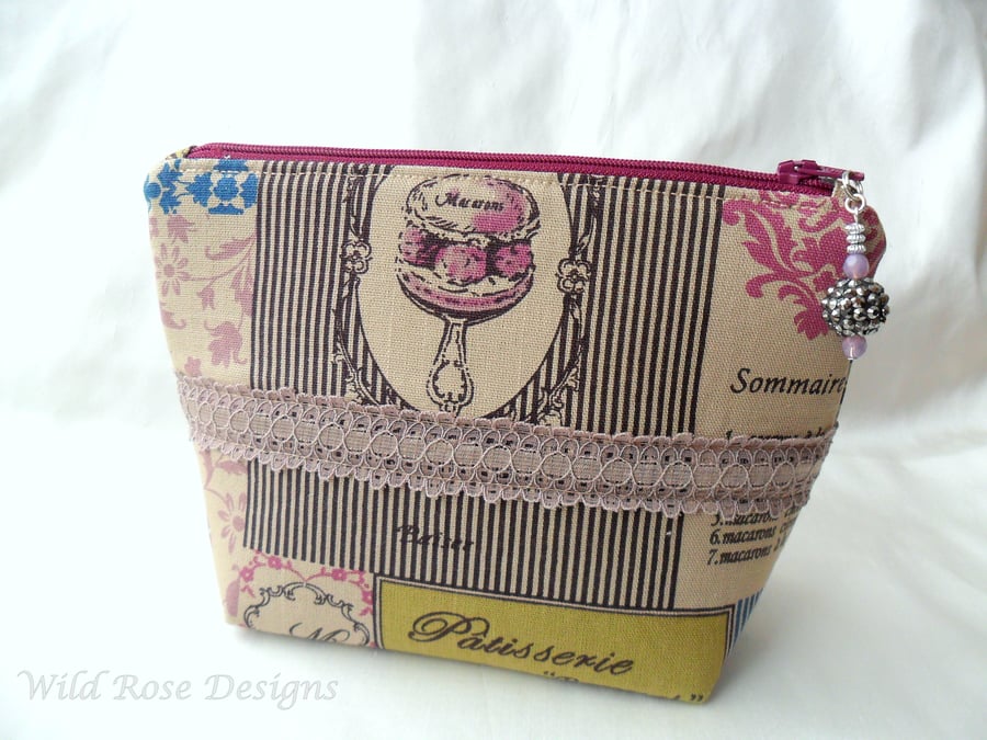 Handmade make-up bag in a 'Patisserie' print. Mother's Day gift.