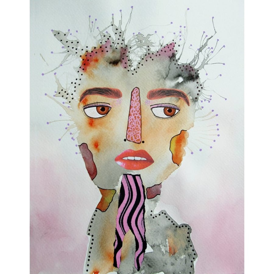 Boho Portrait Painting Pale Pink Grey Abstract Mixed Media Figurative Folk Art