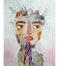 Boho Portrait Painting Pale Pink Grey Abstract Mixed Media Figurative Folk Art