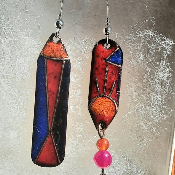 DANGLY ENAMELLED EARRINGS WITH SEMI-PRECIOUS AGATE BEADS - ODD BODS!