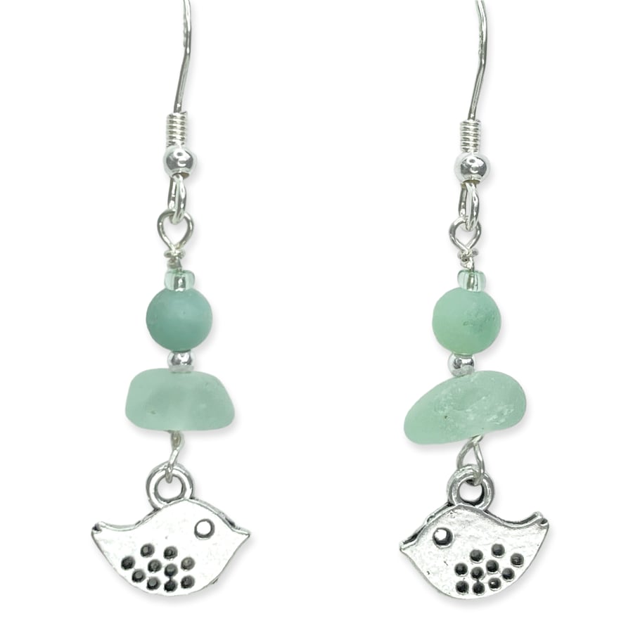 Bird Earrings. Green Sea Glass & Amazonite Crystal Beads. Silver Jewellery