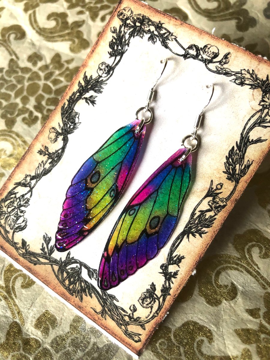Purple and Green Fairy Wing Sterling Silver Earrings