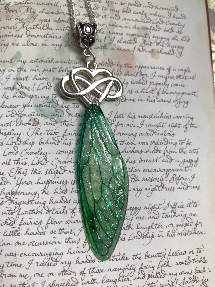 Celtic Heart Knot Green Fairy Wing Necklace