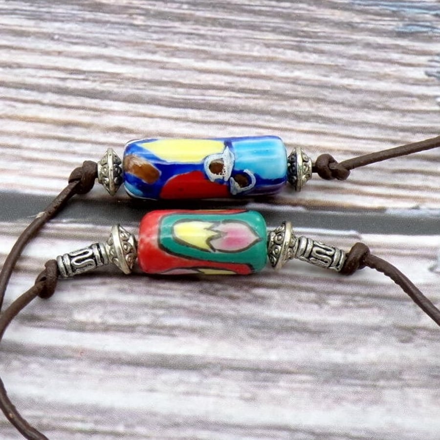 A Pair Of Hand-Painted Glass Bead Anklet Bracelet- Decorative Tibetan Silver