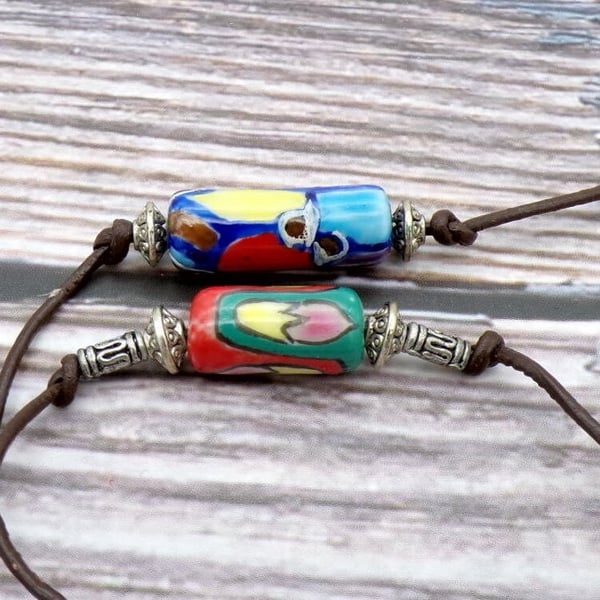 A Pair Of Hand-Painted Glass Bead Anklet Bracelet- Decorative Tibetan Silver