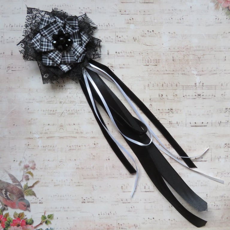 Black & White Menzies Tartan Ruffle Black Lace Regency Ribbons Hair Clip
