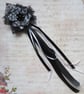 Black & White Menzies Tartan Ruffle Black Lace Regency Ribbons Hair Clip - Image 1