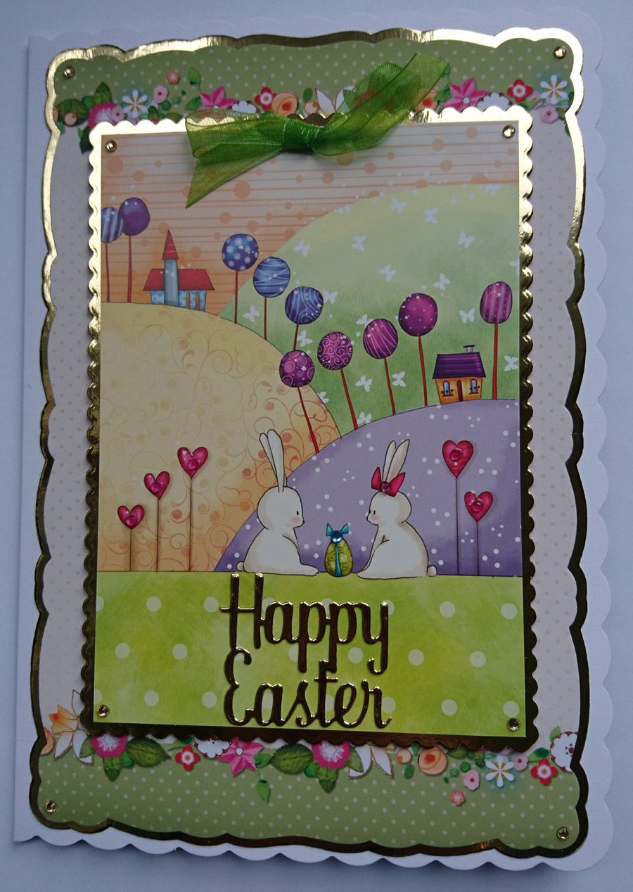 Happy Easter Card Cute White Bunnies Rabbits Easter Egg 3D Luxury Handmade Card 