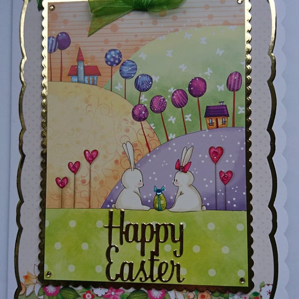 Happy Easter Card Cute White Bunnies Rabbits Easter Egg 3D Luxury Handmade Card 