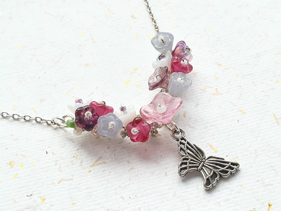 Pink Flower and Butterfly Necklace