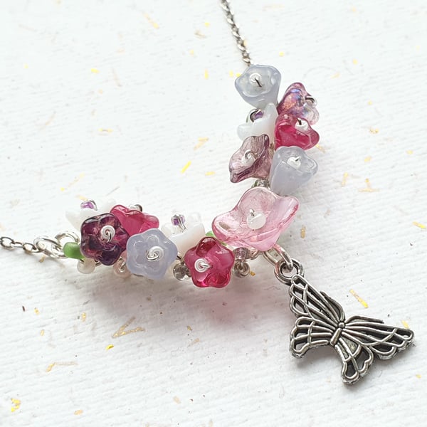 Pink Flower and Butterfly Necklace