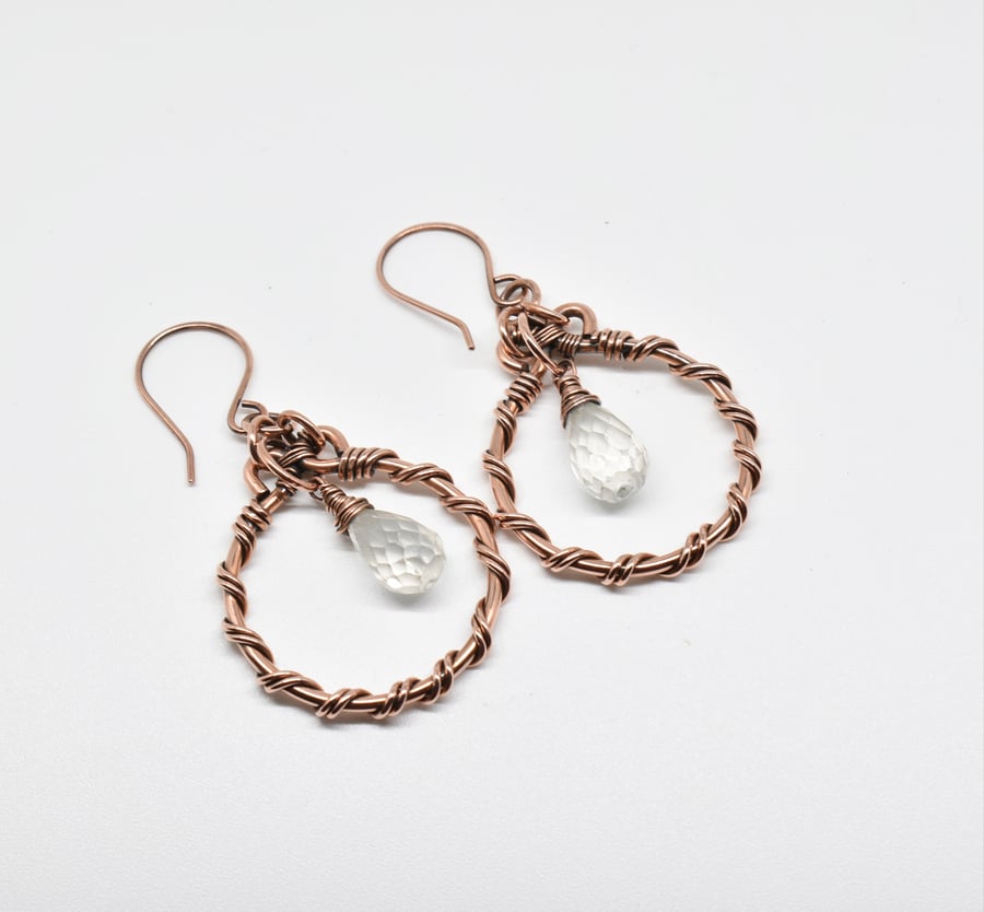 Wire Wrapped Twisted Hoop and Clear Quartz Earrings