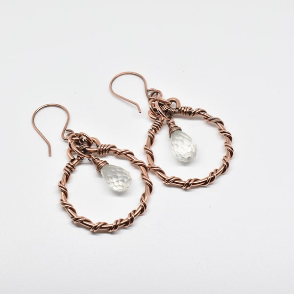 Wire Wrapped Twisted Hoop and Clear Quartz Earrings