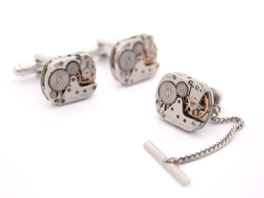 Mens Cufflinks and Tie Tack with Chain; Dapper Man Gift Set