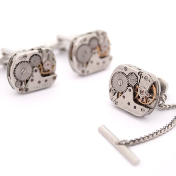 Mens Cufflinks and Tie Tack with Chain; Dapper Man Gift Set