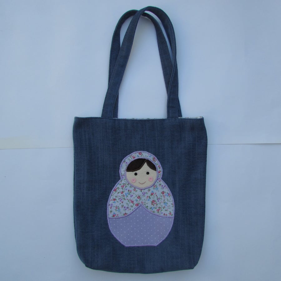Russian Doll appliqued tote bag in blue and lilac