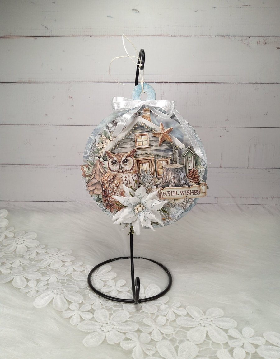 Handmade Christmas Owl Decoration - Winter Wishes Hanging Ornament (1c)
