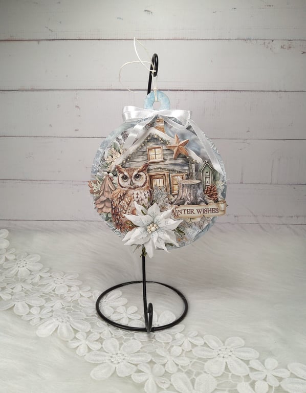 Handmade Christmas Owl Decoration - Winter Wishes Hanging Ornament (1c)