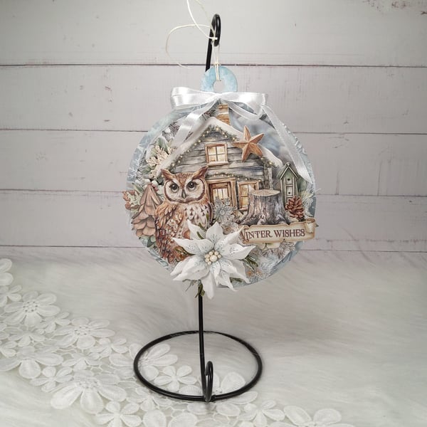 Handmade Christmas Owl Decoration - Winter Wishes Hanging Ornament (1c)