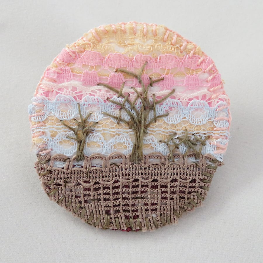 Winter Sunset Circular Brooch Hand Embroidered Layered Lace