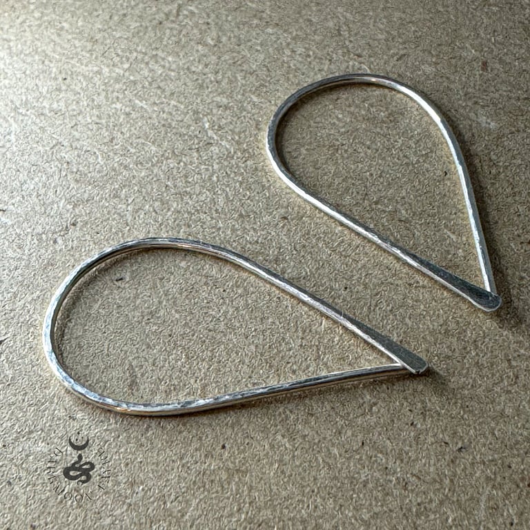 Minimalist Teardrop Hoop Threader Earrings, Hammer Textured 925 Sterling Silver 