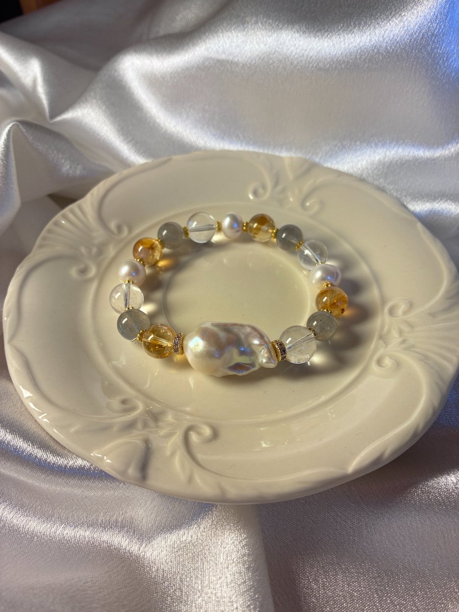 Yellow Phantom Quartz, Pearl, Grey Moonstone & Clear Quartz Bracelet