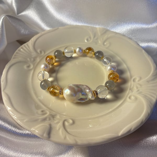 Yellow Phantom Quartz, Pearl, Grey Moonstone & Clear Quartz Bracelet