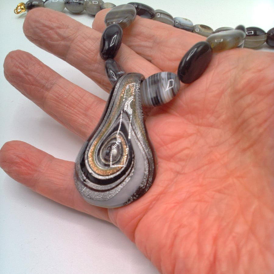 Black and Gold Teardrop Glass Pendant on a Banded Agate Necklace, Gift for Her