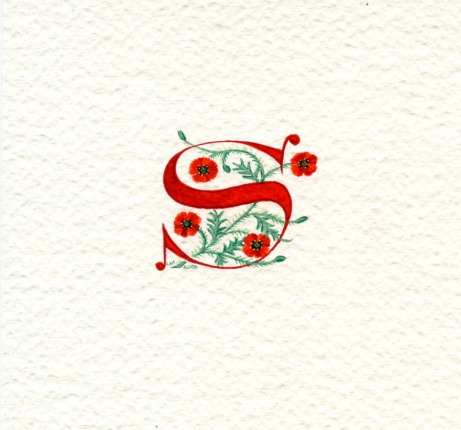 Initial letter 'S' in red with poppies custom letter.