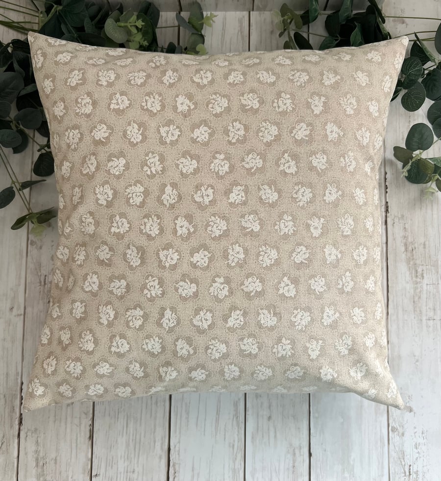 16" Cushion in Beige Cotton Rich Linen Floral Fabric - Home Decor