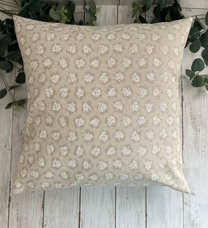 16" Cushion in Beige Cotton Rich Linen Floral Fabric - Home Decor