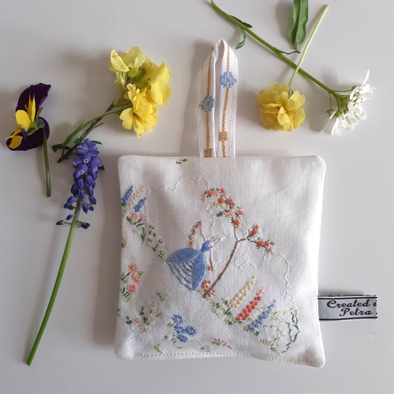 Lavender bag upcycled from a vintage embroidered crinoline lady tray cloth