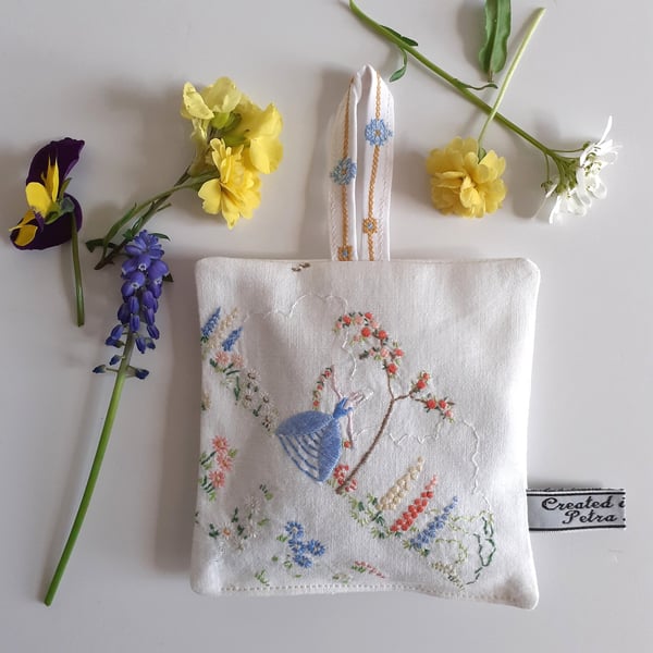 Lavender bag upcycled from a vintage embroidered crinoline lady tray cloth