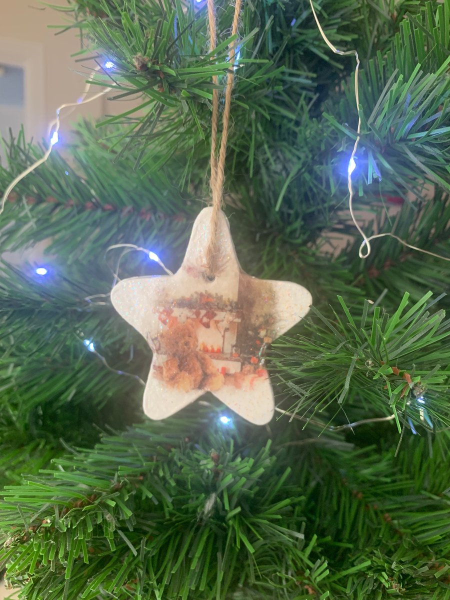 Slate star Christmas tree decoration, hand decoupaged with vintage teddy bear 