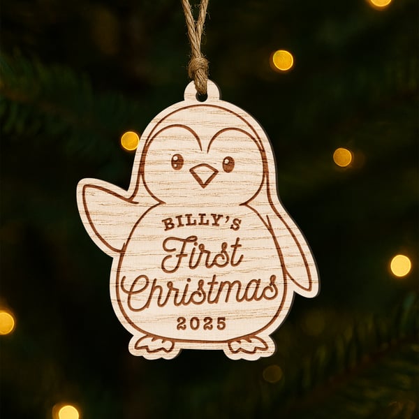 Personalised Baby’s First Christmas Wooden Bauble – Penguin: Custom Name & Year