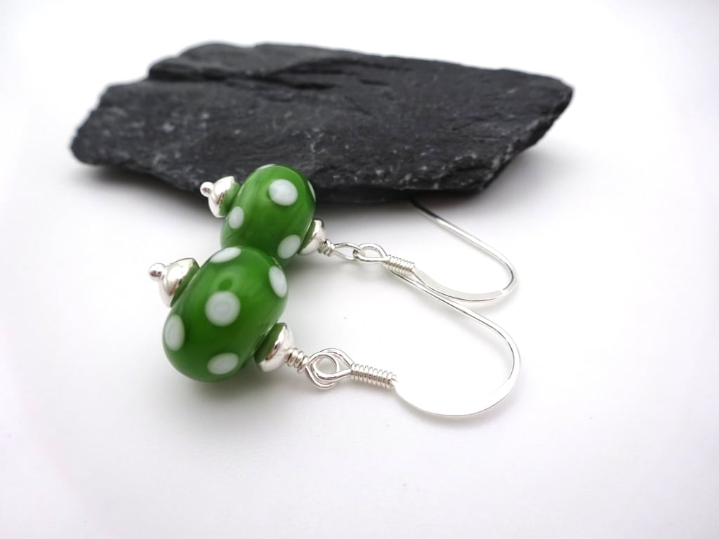 green polka dot lampwork glass earrings