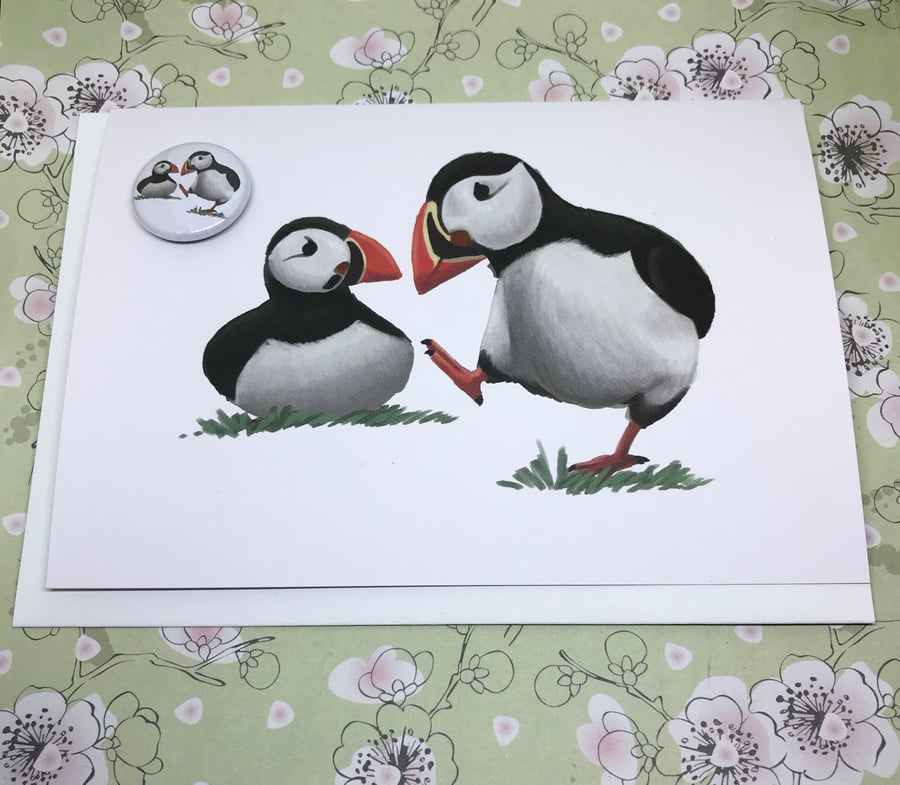 Puffins Blank Greeting Card and Mini Badge or Magnet Set