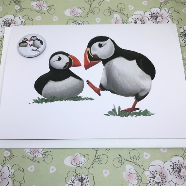 Puffins Blank Greeting Card and Mini Badge or Magnet Set