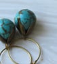 Earrings Turquoise semi precious stone Rounds & Bronzed petal Bead Caps on Hoops - Image 4