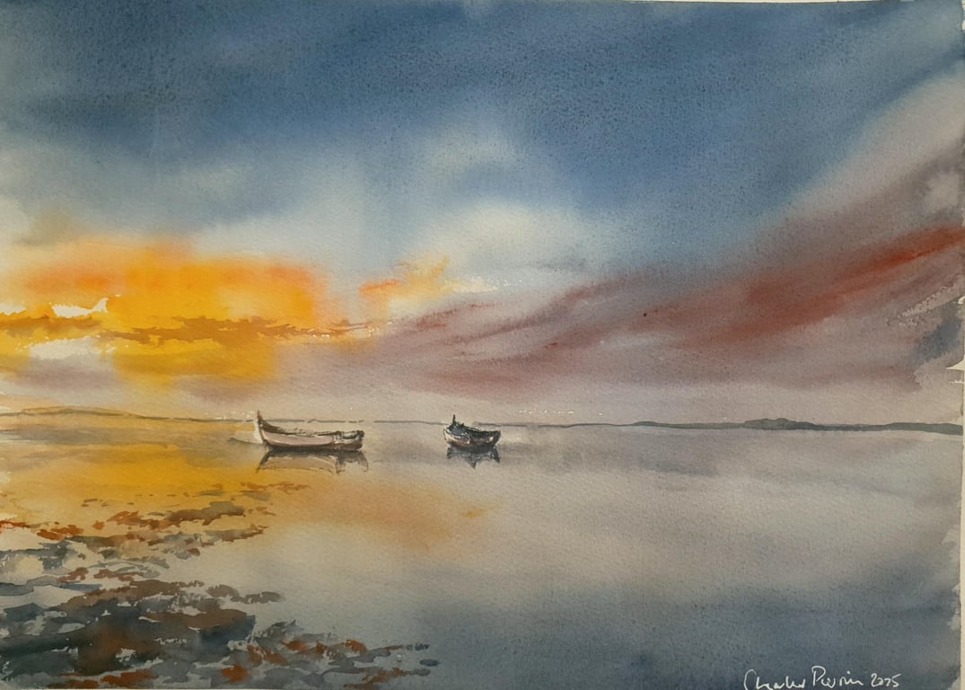 Original Watercolour Seascape. Boats at Sunset . Coastal Wall Art 15x11 inches (