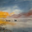 Original Watercolour Seascape. Boats at Sunset . Coastal Wall Art 15x11 inches (