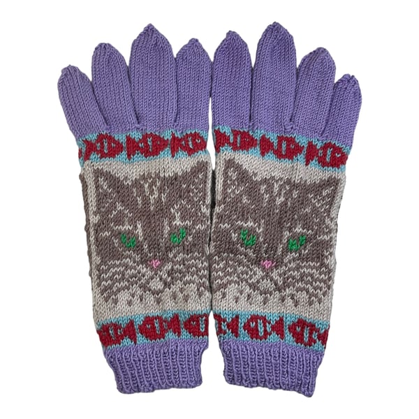  Gloves with cat hand knitted in pure wool, handmade gloves, cat lover gift