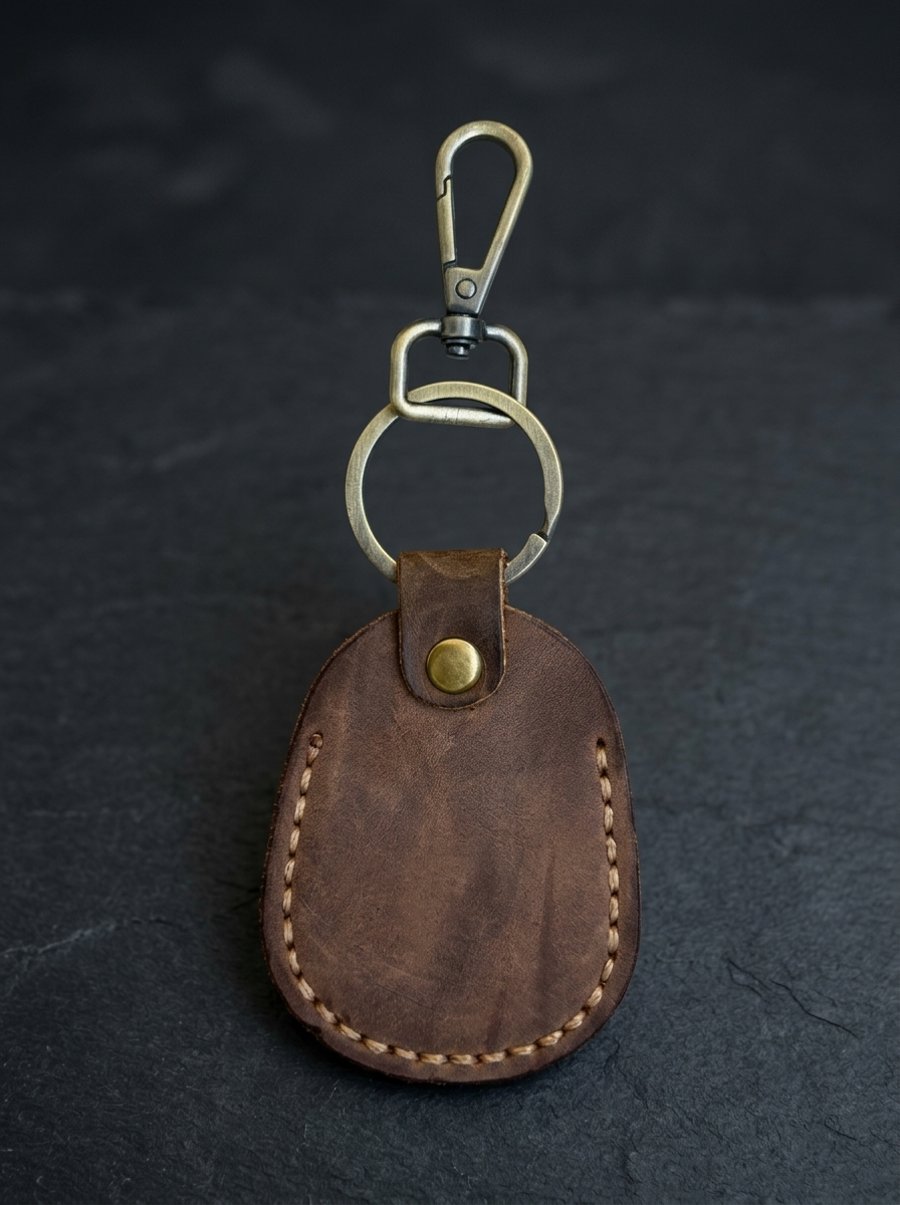 Rustic Brown Full Grain Leather Shield Key Fob Snap Hook Clasp UK